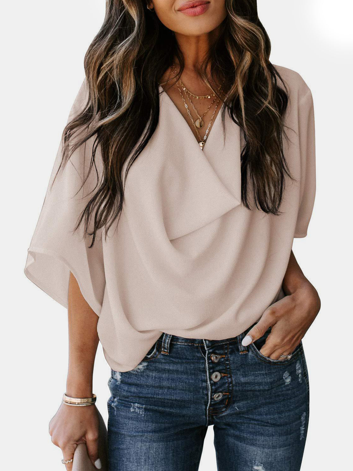 Full Size Cowl Neck Three-Quarter Sleeve Blouse