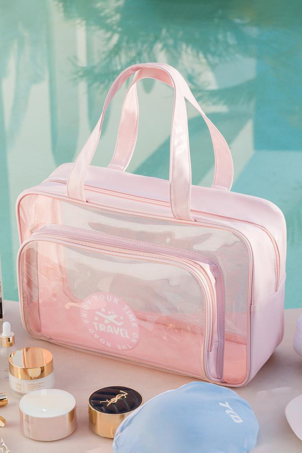 Pink Waterproof Multi Pockets Transparent Handle Makeup Bag