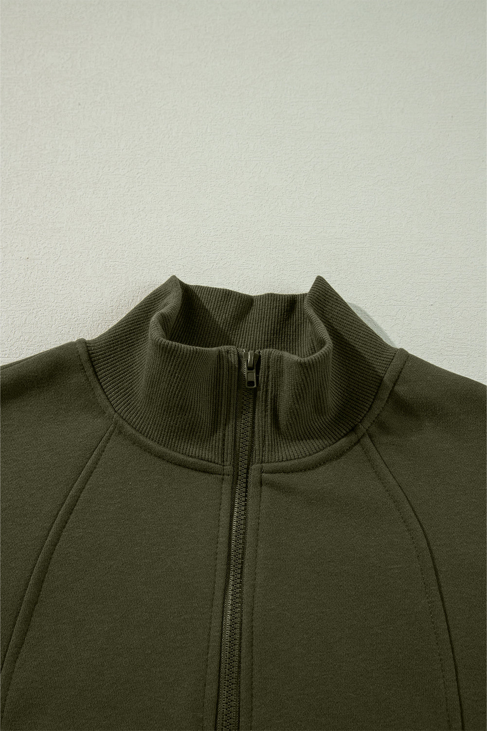 White Zipper Collared Drop Shoulder Plain Sweatshirt