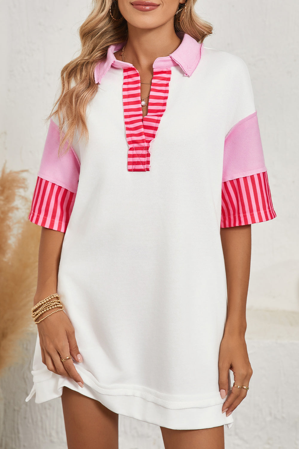 Pink Stripe Colorblock Sleeve Collared Mini Dress